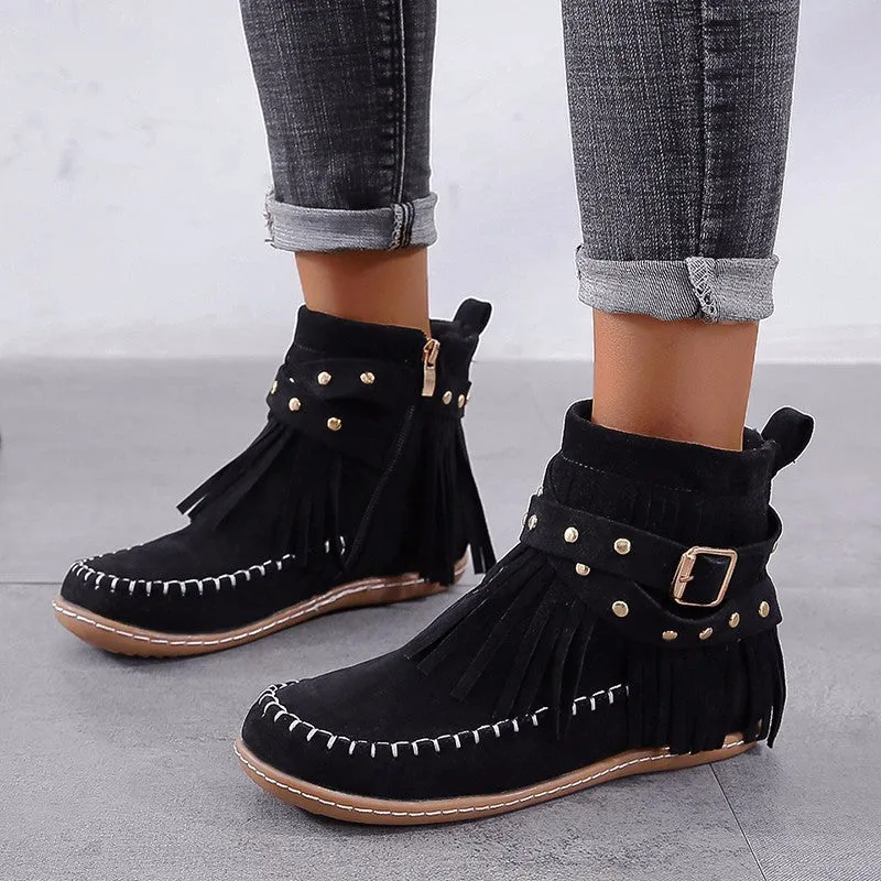 Damen nan Fransen-Mokassin-Stiefelette mit Ziergurt, Schnalle und weicher Gummisohle Drune