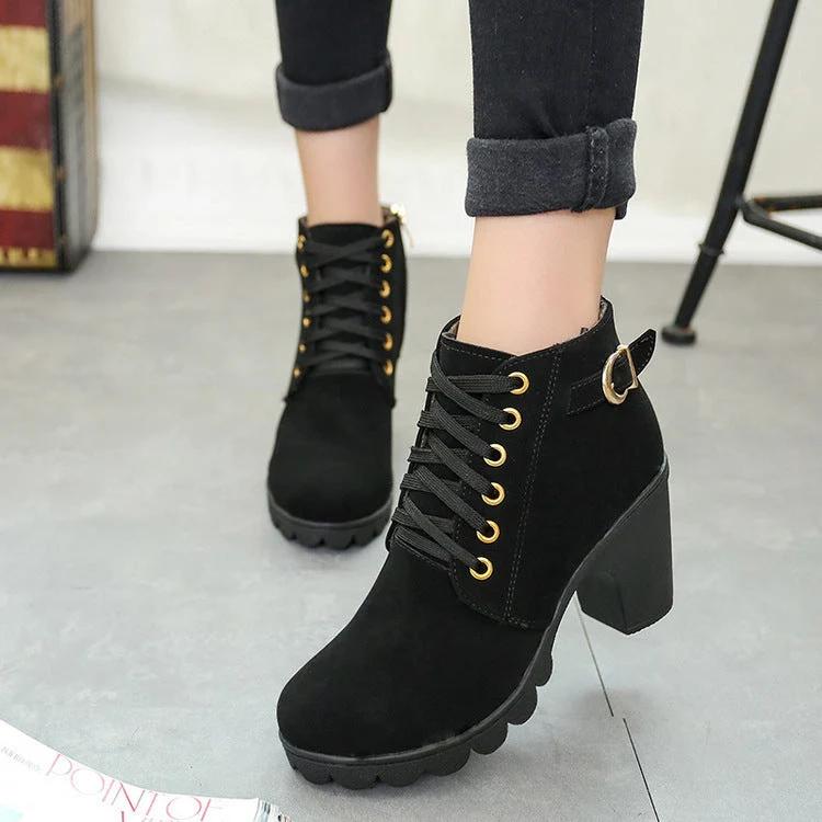 Damen nan elegante Schnür-Stiefelette mit mittlerem Blockabsatz, profilierter Gummilaufsohle und dekorativer Metallschnalle Drune
