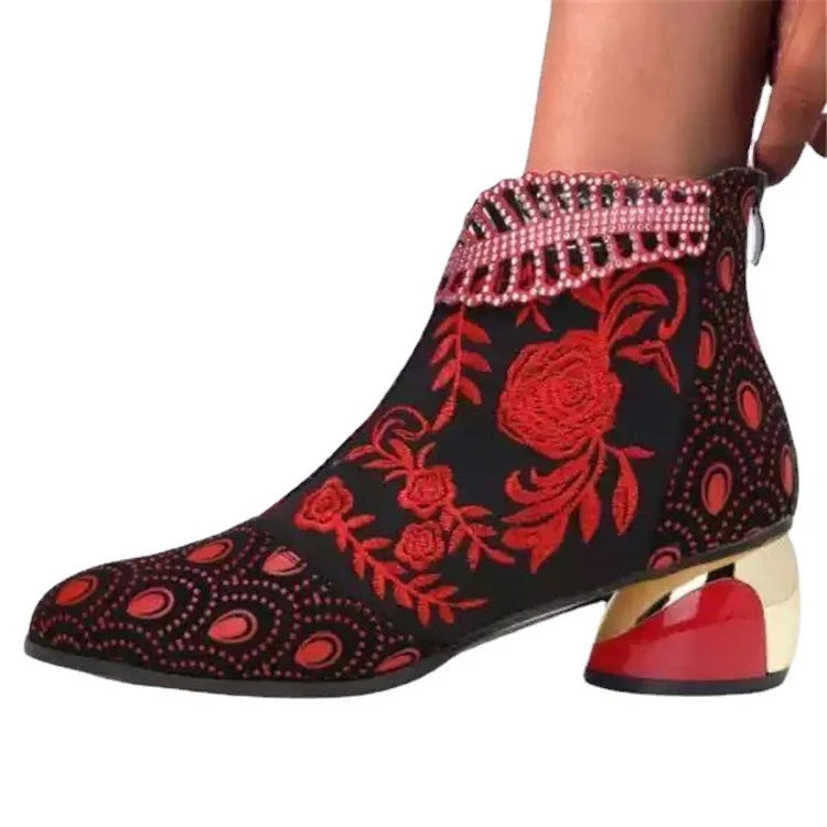 Damen nan bestickte Ankle-Boots mit Samteinsatz Perlenbesatz und skulptiertem Blockabsatz Drune