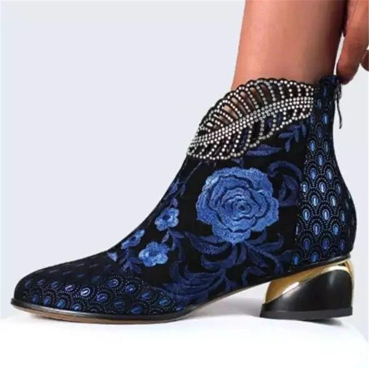 Damen nan bestickte Ankle-Boots mit Samteinsatz Perlenbesatz und skulptiertem Blockabsatz Drune