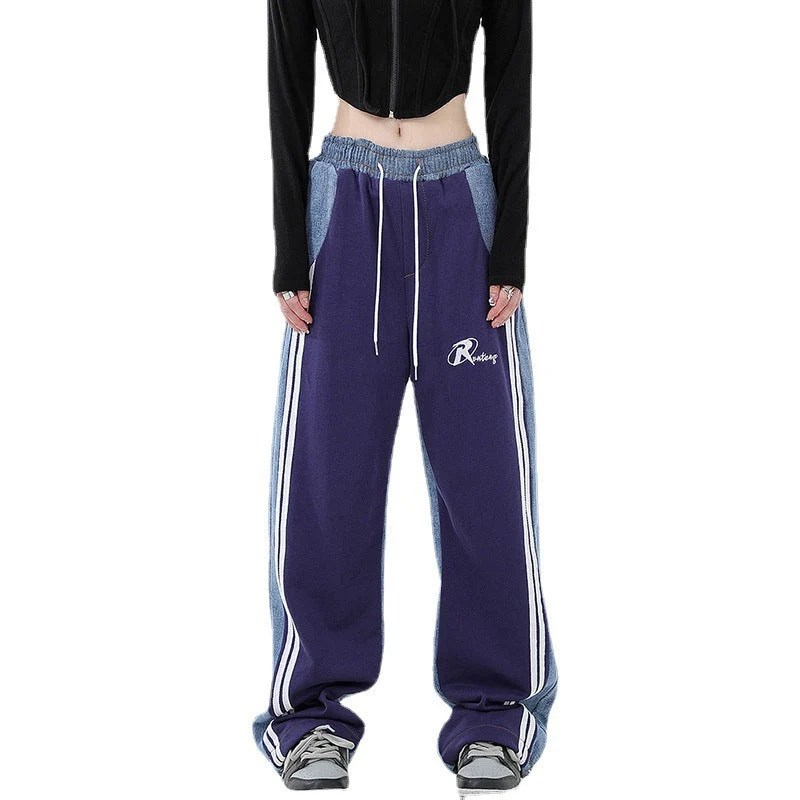 Damen nan weite Jogginghose mit Denim-Einsätzen, elastischem Bund und seitlichen Kontraststreifen Drune