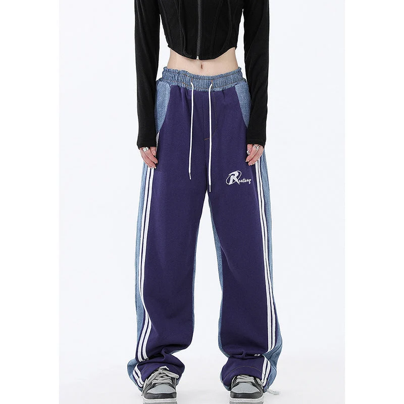 Damen nan weite Jogginghose mit Denim-Einsätzen, elastischem Bund und seitlichen Kontraststreifen Drune