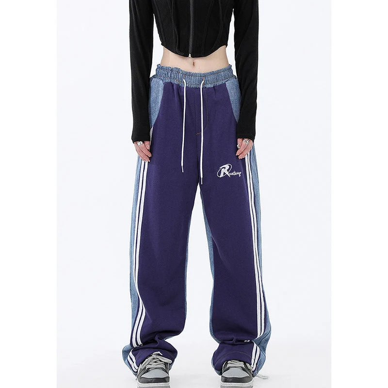 Damen nan weite Jogginghose mit hoher Taille und Jeansstoffeinsätzen sowie Seitenstreifen Drune