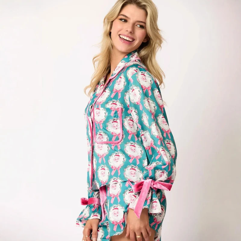 Damen nan verspieltes zweiteiliges Pyjama-Set mit Volantärmeln, Kordelzug und Brusttasche Drune