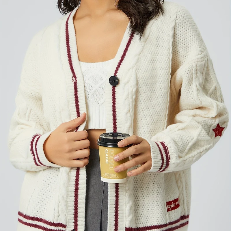 Damen nan oversized Zopfstrick Cardigan mit V-Ausschnitt und kontrastierenden Strickkanten Drune