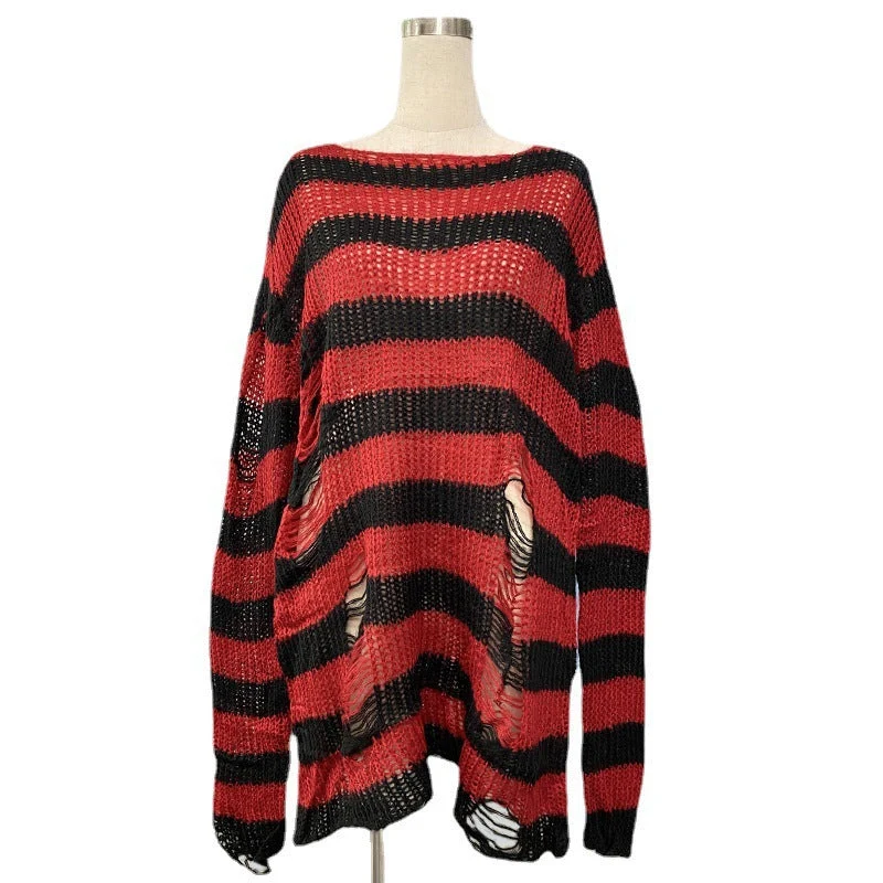 Damen nan Oversized Grobstrickpullover mit breiten Blockstreifen und aufgerissenem Design Drune