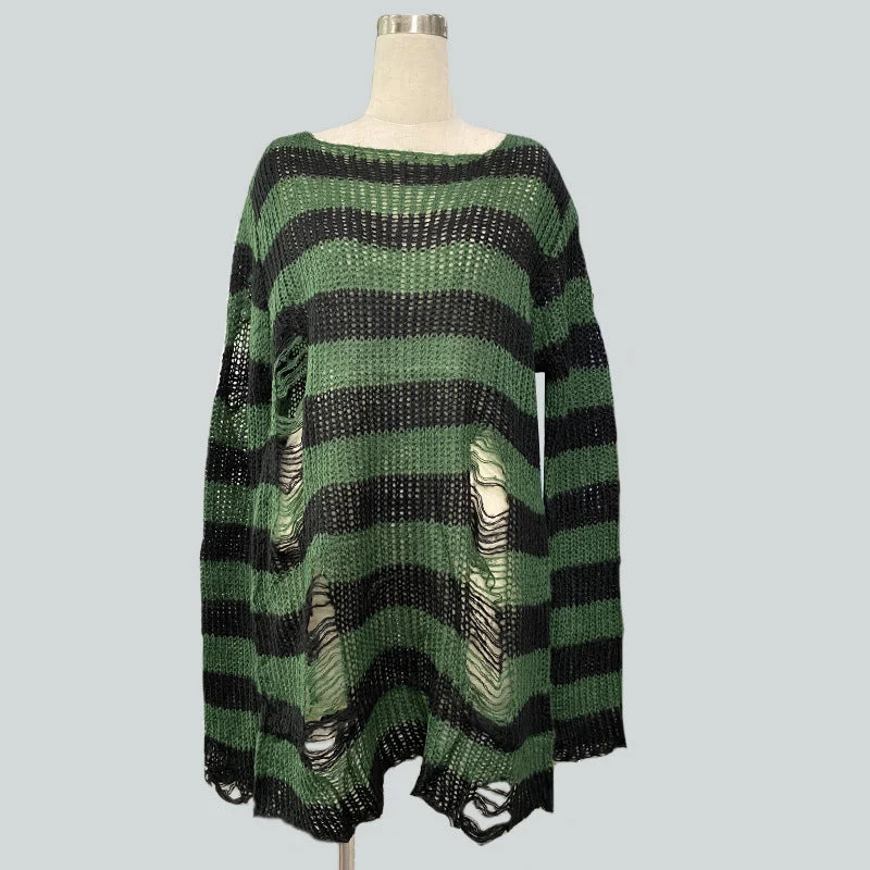 Damen nan Oversized Grobstrickpullover mit breiten Blockstreifen und aufgerissenem Design Drune