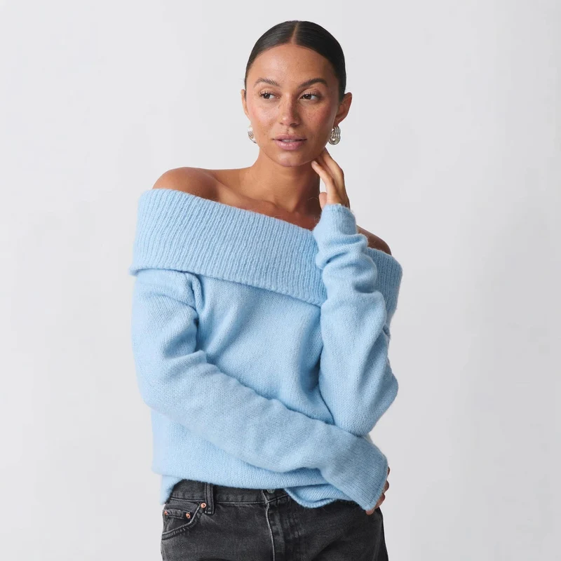 Damen nan Off-Shoulder Grobstrickpullover mit breitem Umschlagkragen und lässiger Oversize-Passform Drune