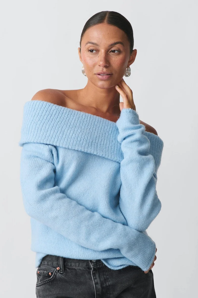 Damen nan Off-Shoulder Grobstrickpullover mit breitem Umschlagkragen und lässiger Oversize-Passform Drune