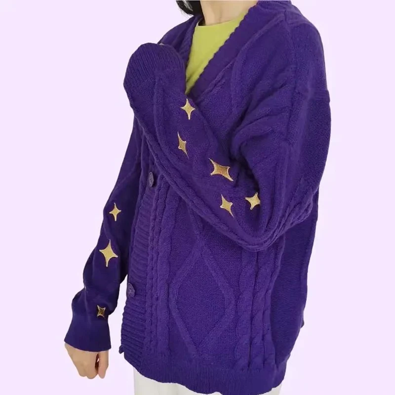Damen nan oversize Strickcardigan mit Zopfmuster und Sternapplikationen V-Ausschnitt Knopfleiste Drune