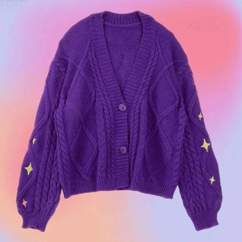 Damen nan oversize Strickcardigan mit Zopfmuster und Sternapplikationen V-Ausschnitt Knopfleiste Drune