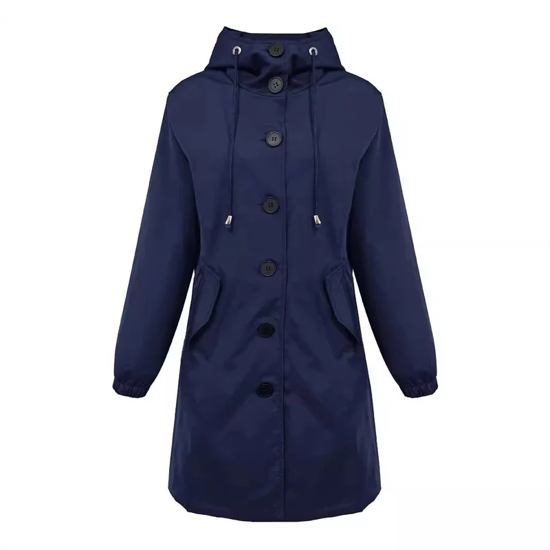 Damen nan leichter Regenparka mit Kapuze, überlanger Knopfleiste, Tunnelzug und aufgesetzten Taschen Drune