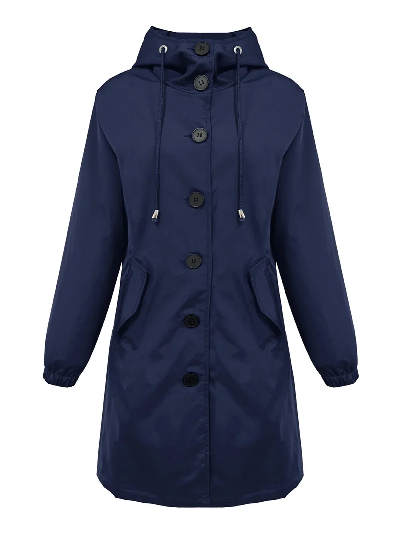 Damen nan leichter Regenparka mit Kapuze, überlanger Knopfleiste, Tunnelzug und aufgesetzten Taschen Drune