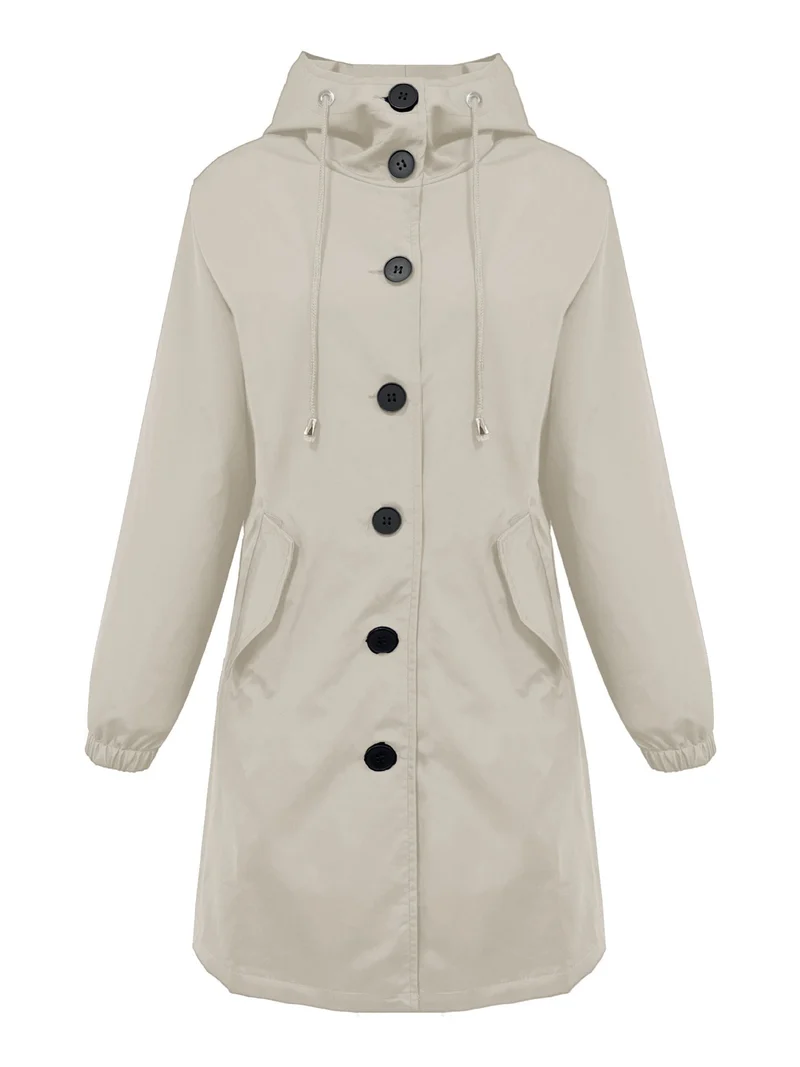 Damen nan leichter Regenparka mit Kapuze, überlanger Knopfleiste, Tunnelzug und aufgesetzten Taschen Drune