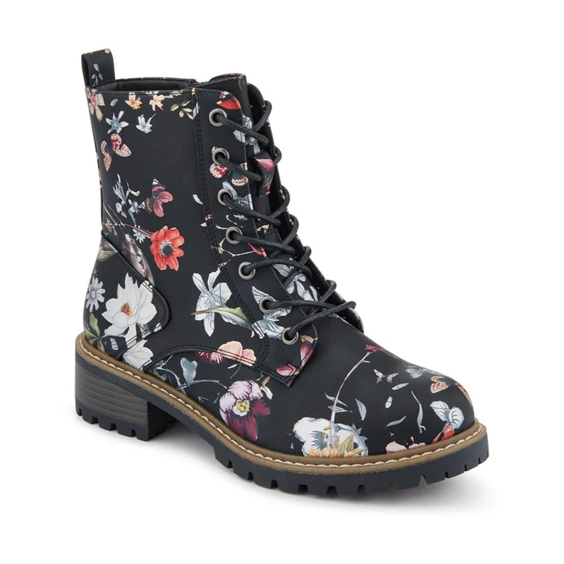 Wide Fit Lace Up Ankle Boots - PINYI42009 / 328 218 - Black Floral