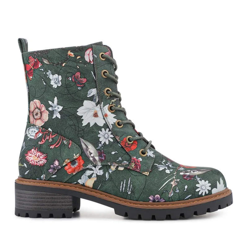 Wide Fit Lace Up Ankle Boots - PINYI42009 / 328 218 - Green Floral