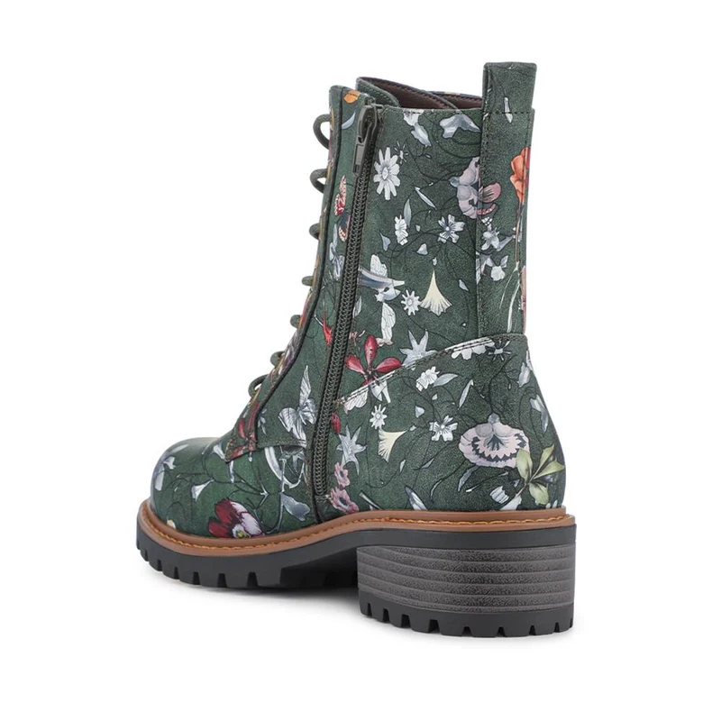 Wide Fit Lace Up Ankle Boots - PINYI42009 / 328 218 - Green Floral