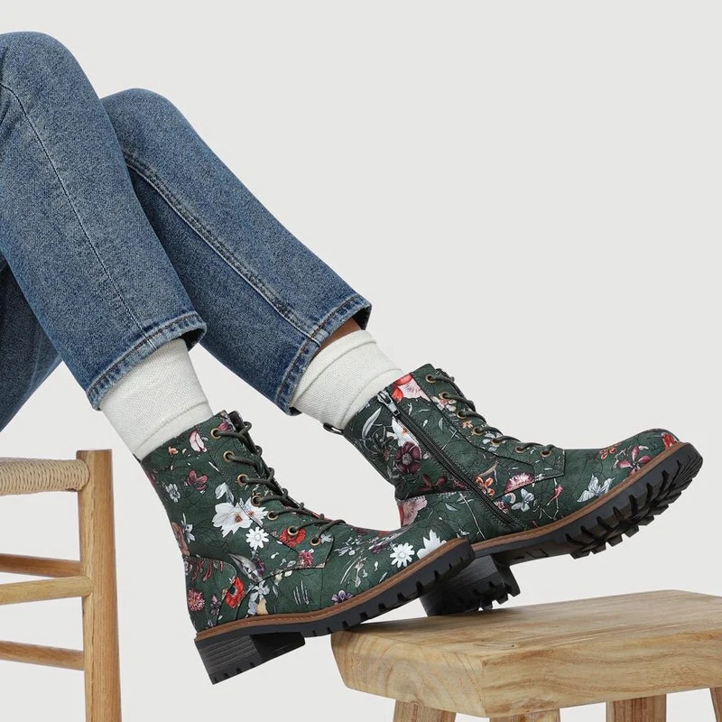 Wide Fit Lace Up Ankle Boots - PINYI42009 / 328 218 - Green Floral