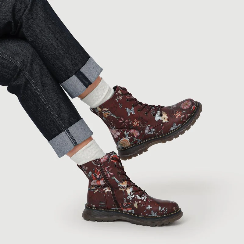 Lace-Up Floral Boots - PINYI40011 / 326 033 - Burgundy Floral