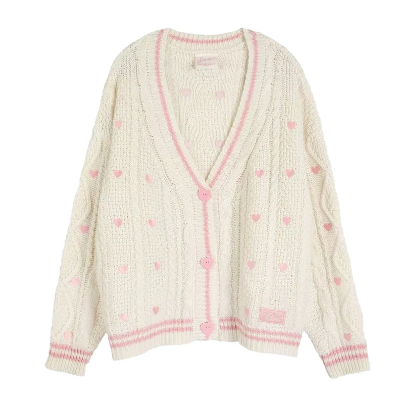 Damen nan grob gestrickter V-Ausschnitt-Cardigan mit Herzapplikationen und dekorativen Herzknöpfen Drune