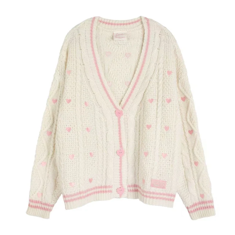 Damen nan grob gestrickter V-Ausschnitt-Cardigan mit Herzapplikationen und dekorativen Herzknöpfen Drune