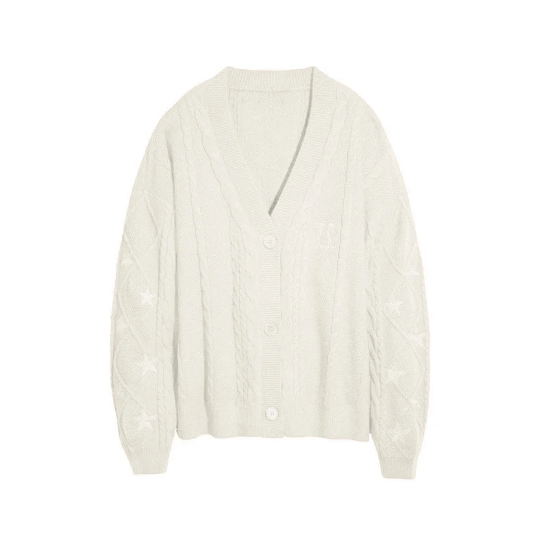 Damen nan großzügiger Grobstrick-Cardigan mit Zopfmuster, V-Ausschnitt und Sternstickereien Drune