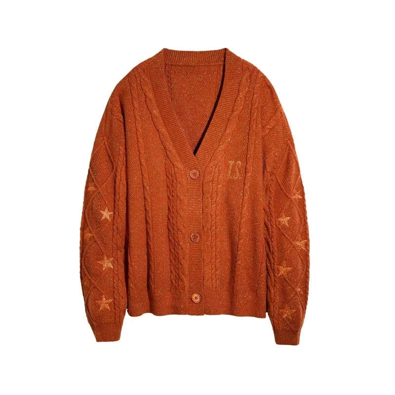 Damen nan großzügiger Grobstrick-Cardigan mit Zopfmuster, V-Ausschnitt und Sternstickereien Drune