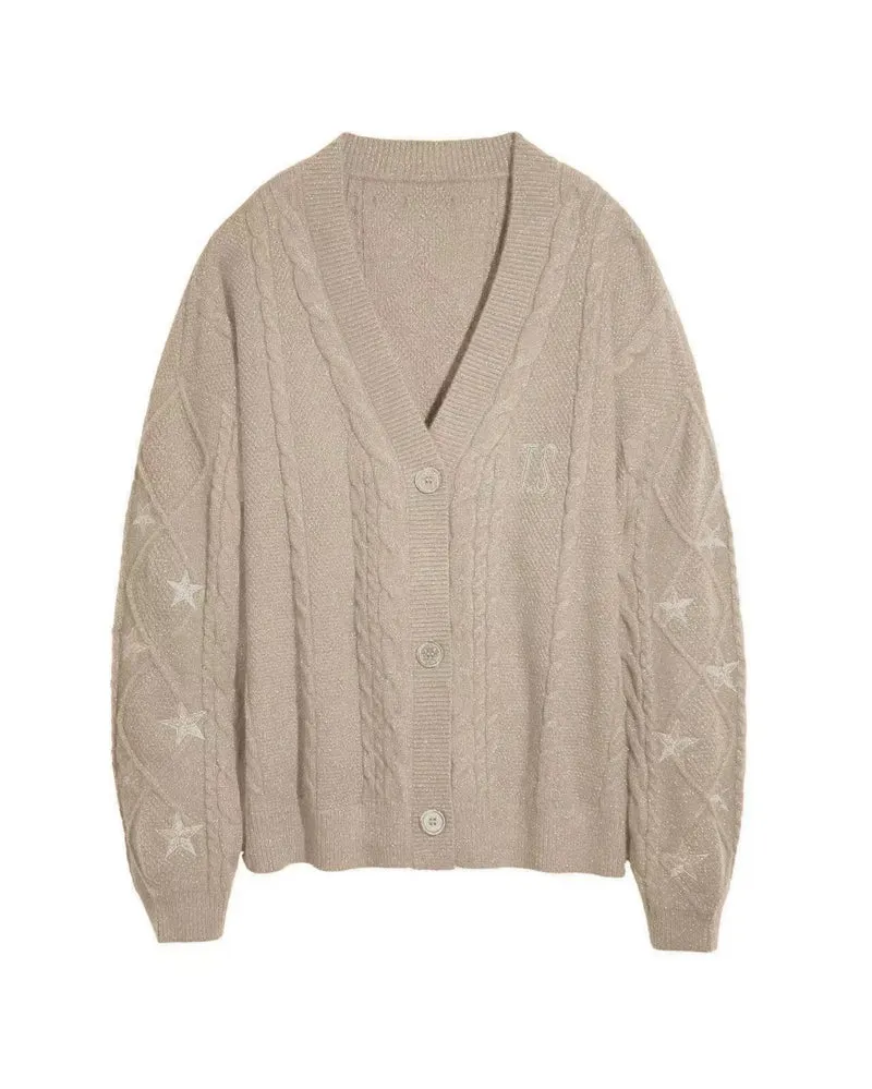 Damen nan großzügiger Grobstrick-Cardigan mit Zopfmuster, V-Ausschnitt und Sternstickereien Drune