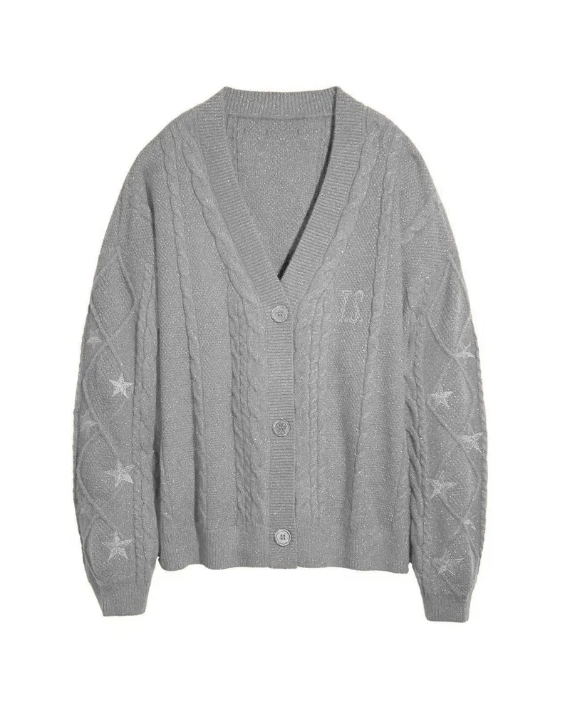 Damen nan großzügiger Grobstrick-Cardigan mit Zopfmuster, V-Ausschnitt und Sternstickereien Drune