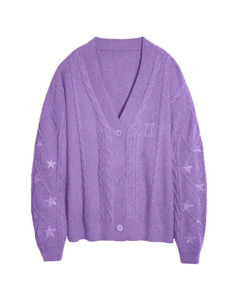 Damen nan großzügiger Grobstrick-Cardigan mit Zopfmuster, V-Ausschnitt und Sternstickereien Drune