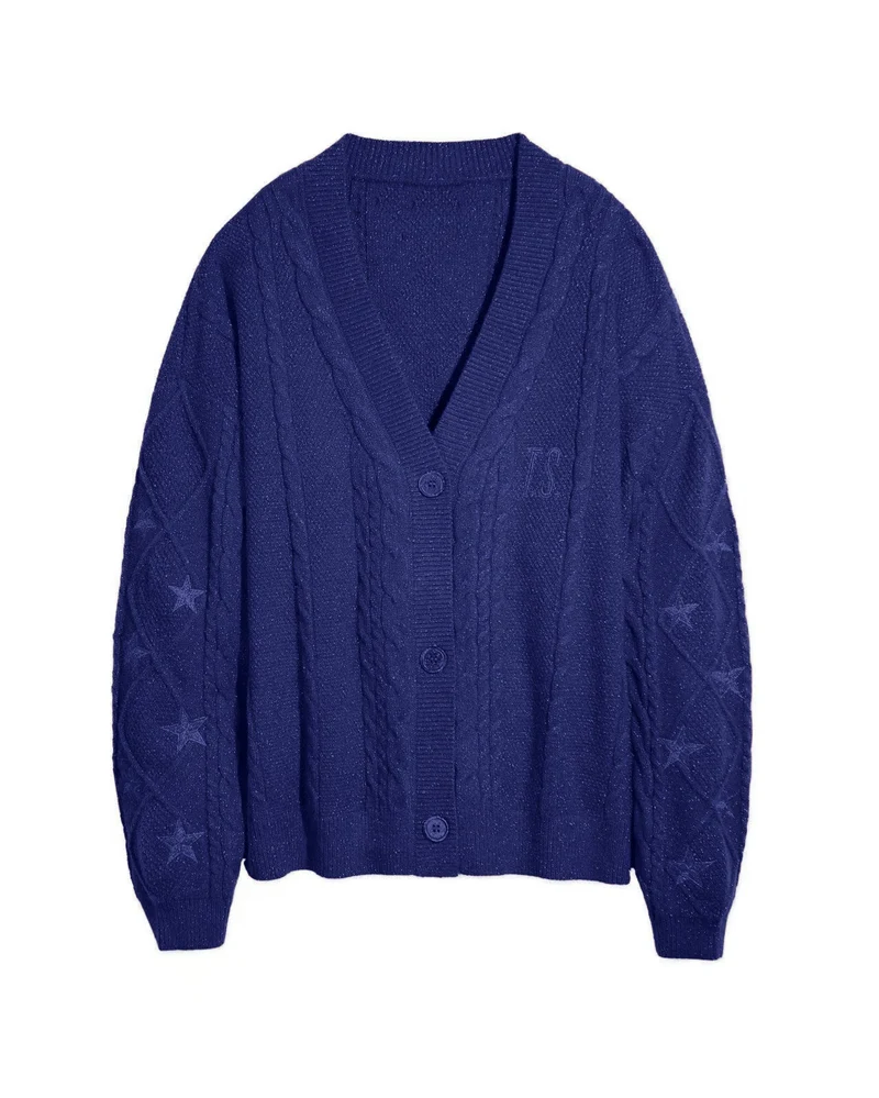 Damen nan großzügiger Grobstrick-Cardigan mit Zopfmuster, V-Ausschnitt und Sternstickereien Drune
