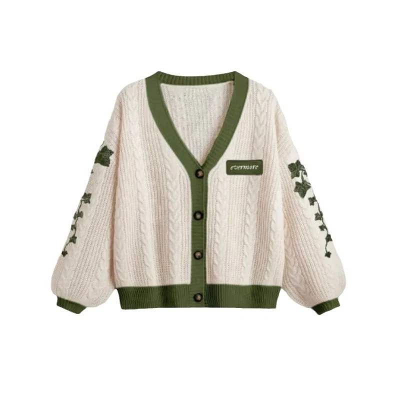 Damen nan gestrickter Oversize-Cardigan mit Zopfmuster, V-Ausschnitt, Knopfleiste und floraler Ärmelstickerei Drune