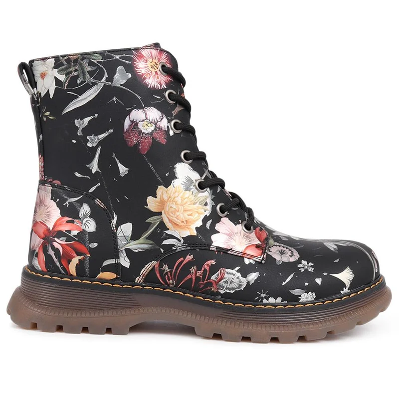 Lace-Up Floral Boots - PINYI40011 / 326 033 - Black Floral