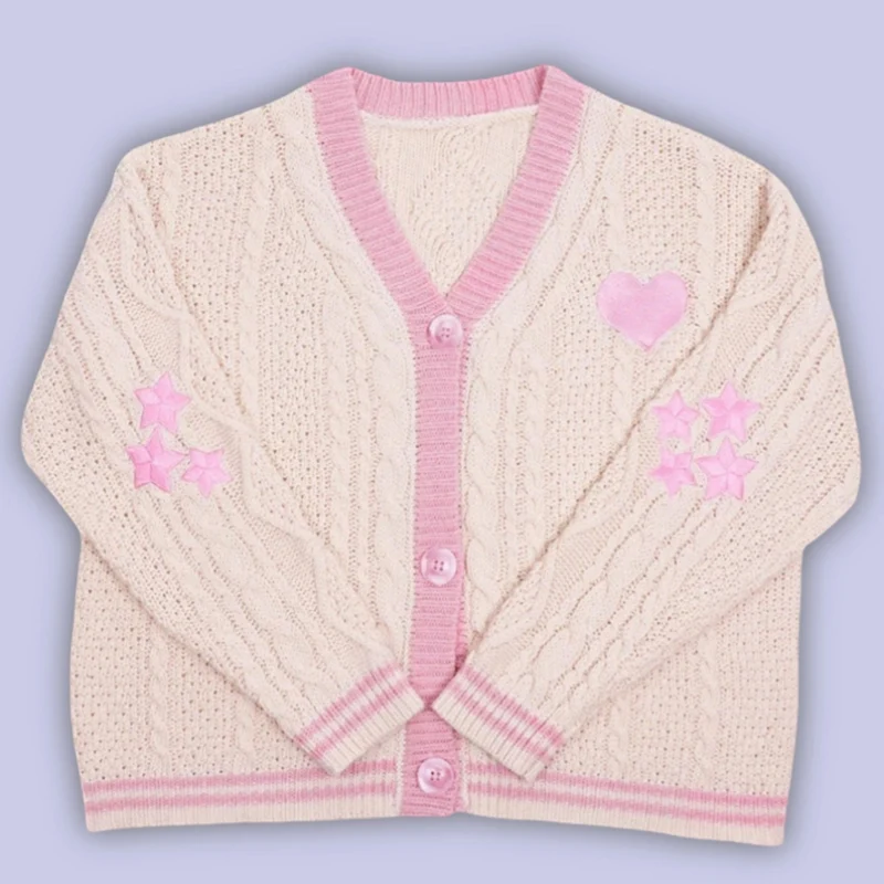 Damen nan gestrickte Cardigan mit Zopfmuster V-Ausschnitt und Herz- und Sternapplikationen Drune