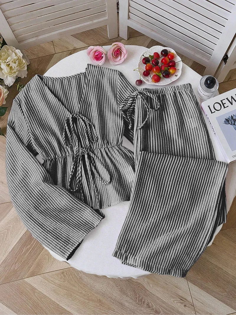 Damen nan gestreiftes Leinenähnliches Homewear-Set mit gerafftem Tunnelzugoberteil und elastischer Bundhose Drune