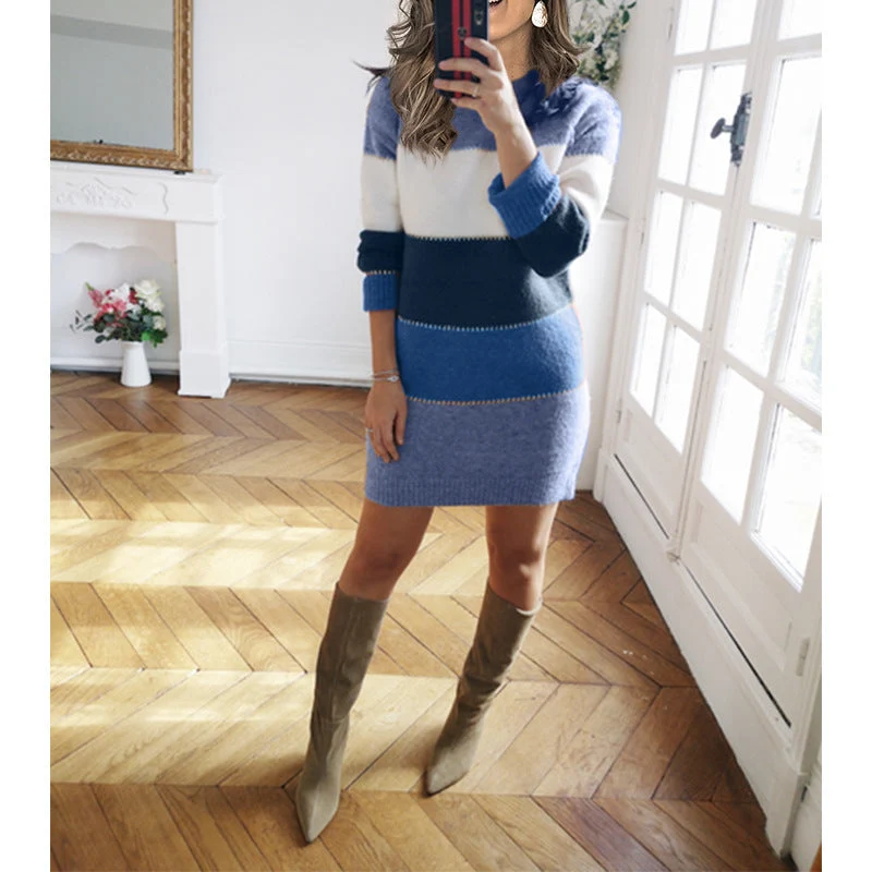 Damen nan gestreiftes Strickkleid mit figurbetonter Passform, geripptem Saum und langen Ärmeln Drune