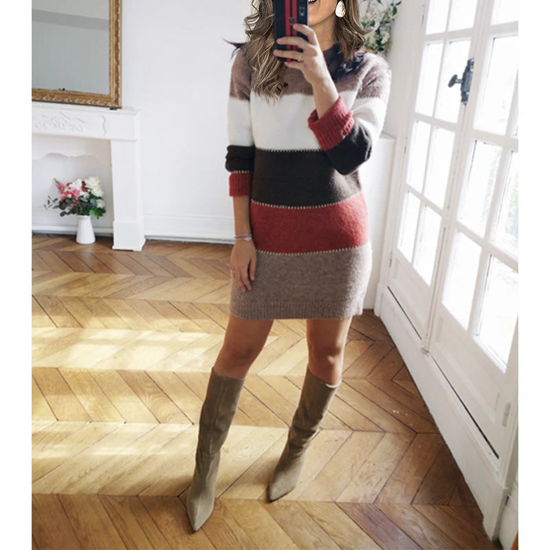 Damen nan gestreiftes Strickkleid mit figurbetonter Passform, geripptem Saum und langen Ärmeln Drune