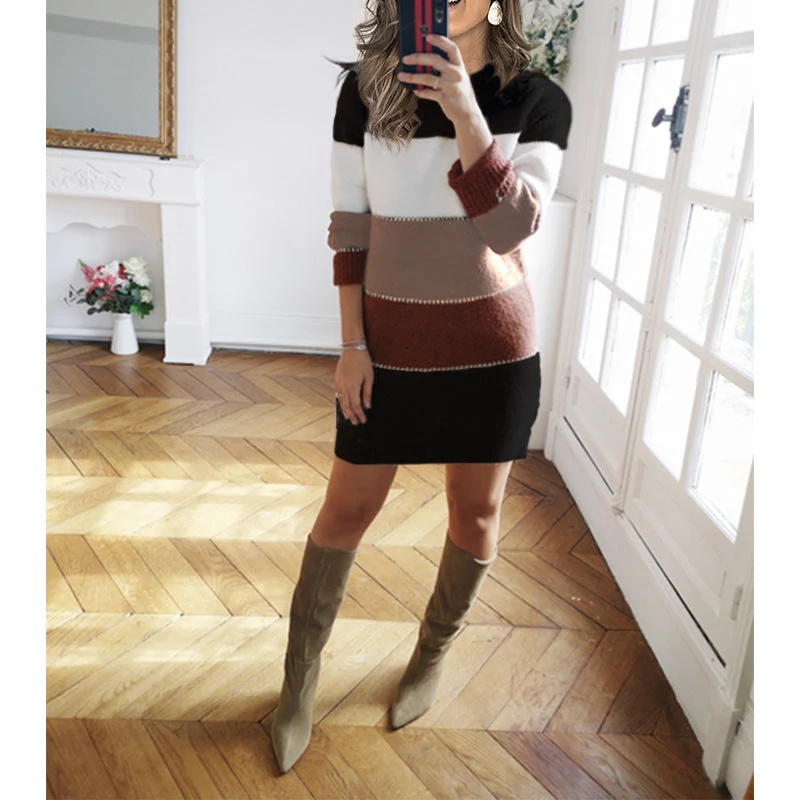 Damen nan gestreiftes Strickkleid mit figurbetonter Passform, geripptem Saum und langen Ärmeln Drune