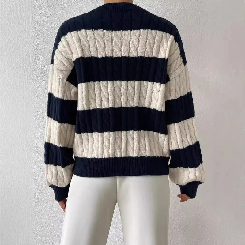 Damen nan gestreifter Grobstrick-Pullover mit Zopfmuster, tiefem V-Ausschnitt und oversized Passform Drune