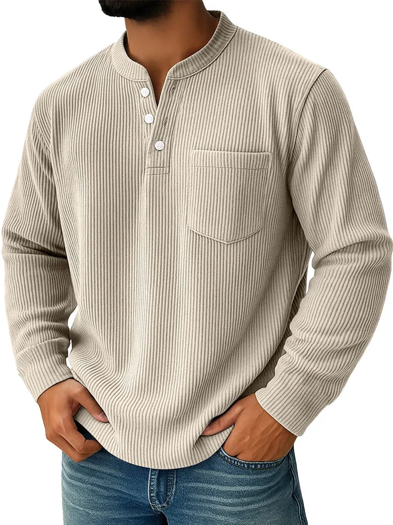 Herren nan thermisches Waffelstrick-Henleyshirt mit Stehkragen Brusttasche und geripptem Komfortschnitt Drune