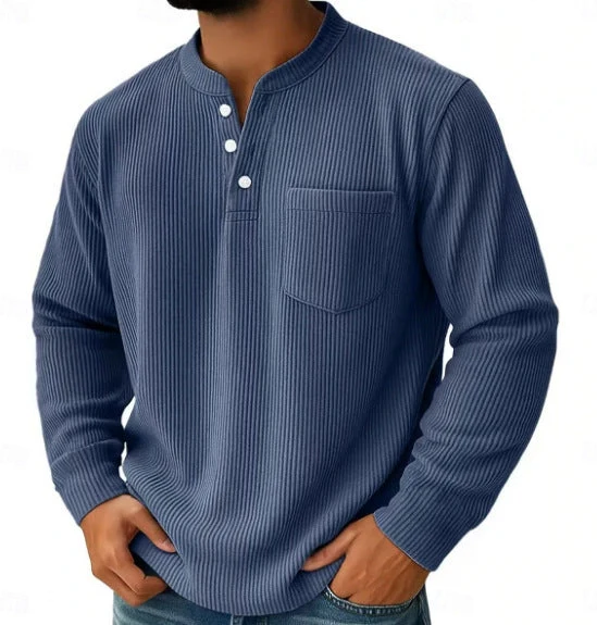 Herren nan thermisches Waffelstrick-Henleyshirt mit Stehkragen Brusttasche und geripptem Komfortschnitt Drune