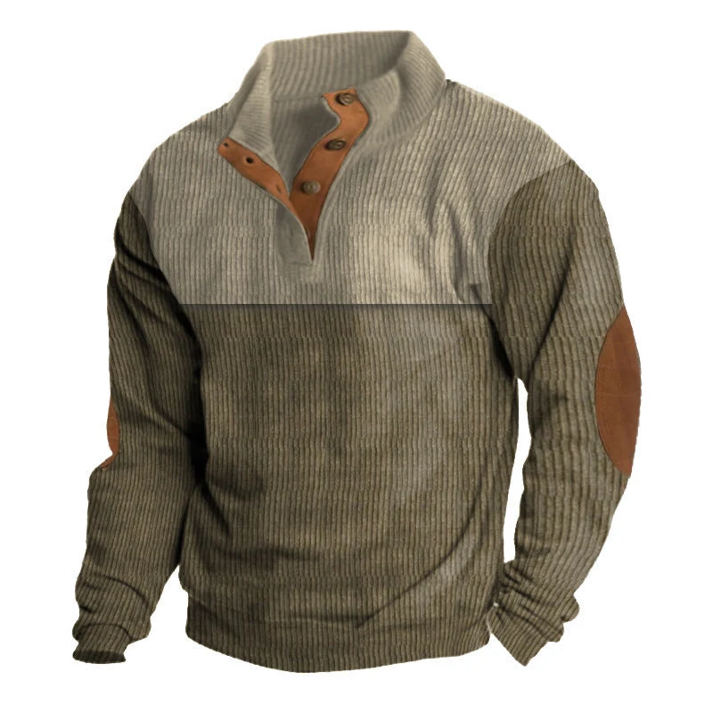Herren nan strukturiertes Rugby-Pullover mit Stehkragen, Knopfleiste und Leder-Ellenbogenpatches Drune