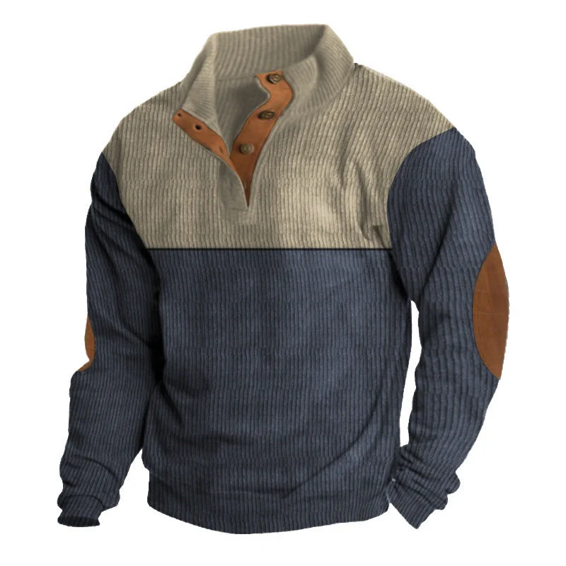 Herren nan rustikaler gerippter Pullover mit Henley-Kragen und lederartigen Ellbogenbesätzen Drune