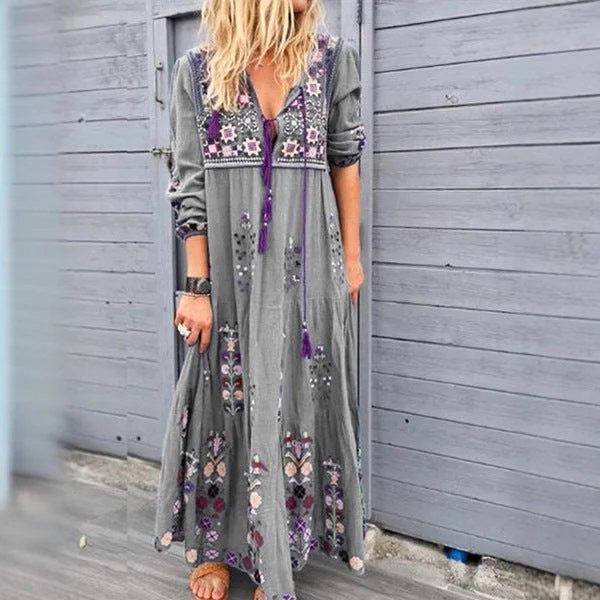 Damen nan besticktes Maxikleid mit langen Ärmeln, Quastenverschluss und folkloristischer Stickerei Drune