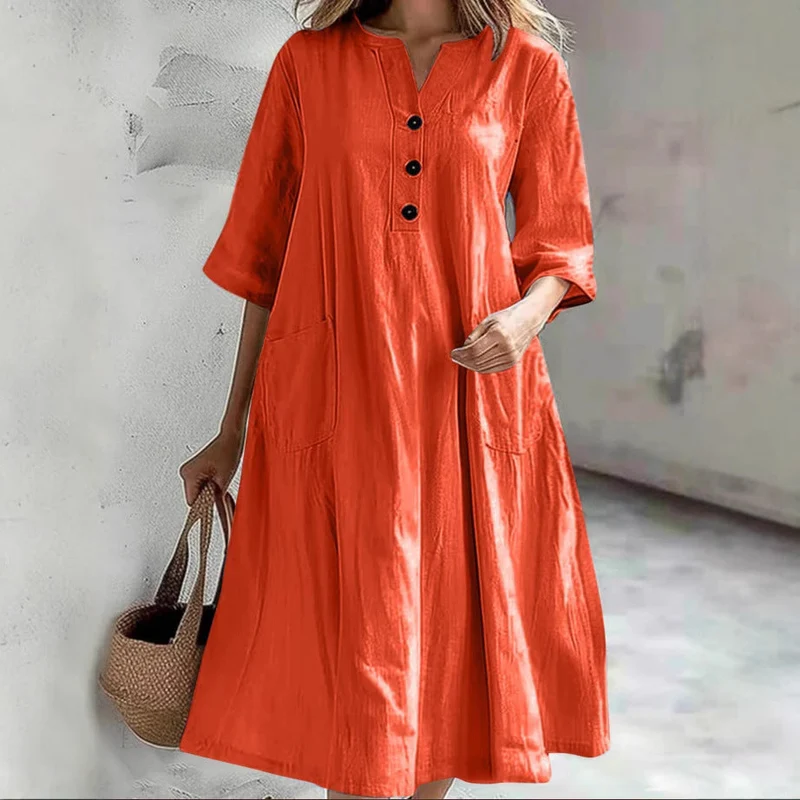 Damen nan locker fallendes A-Linien Kleid mit V-Ausschnitt-Knopfleiste, 3/4-Ärmeln und aufgesetzten Eingrifftaschen Drune