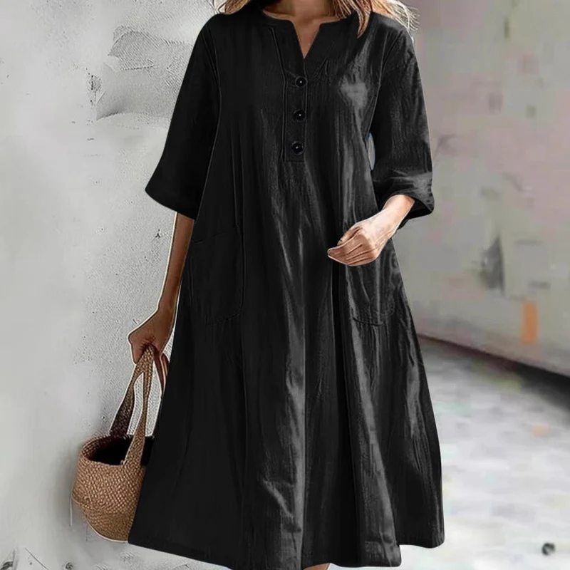 Damen nan locker fallendes A-Linien Kleid mit V-Ausschnitt-Knopfleiste, 3/4-Ärmeln und aufgesetzten Eingrifftaschen Drune