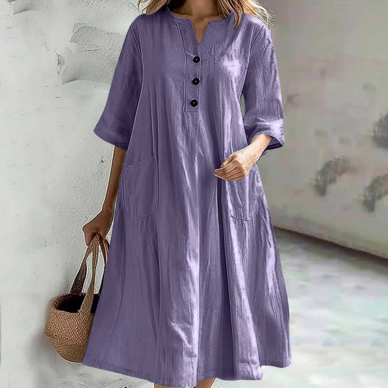 Damen nan locker fallendes A-Linien Kleid mit V-Ausschnitt-Knopfleiste, 3/4-Ärmeln und aufgesetzten Eingrifftaschen Drune