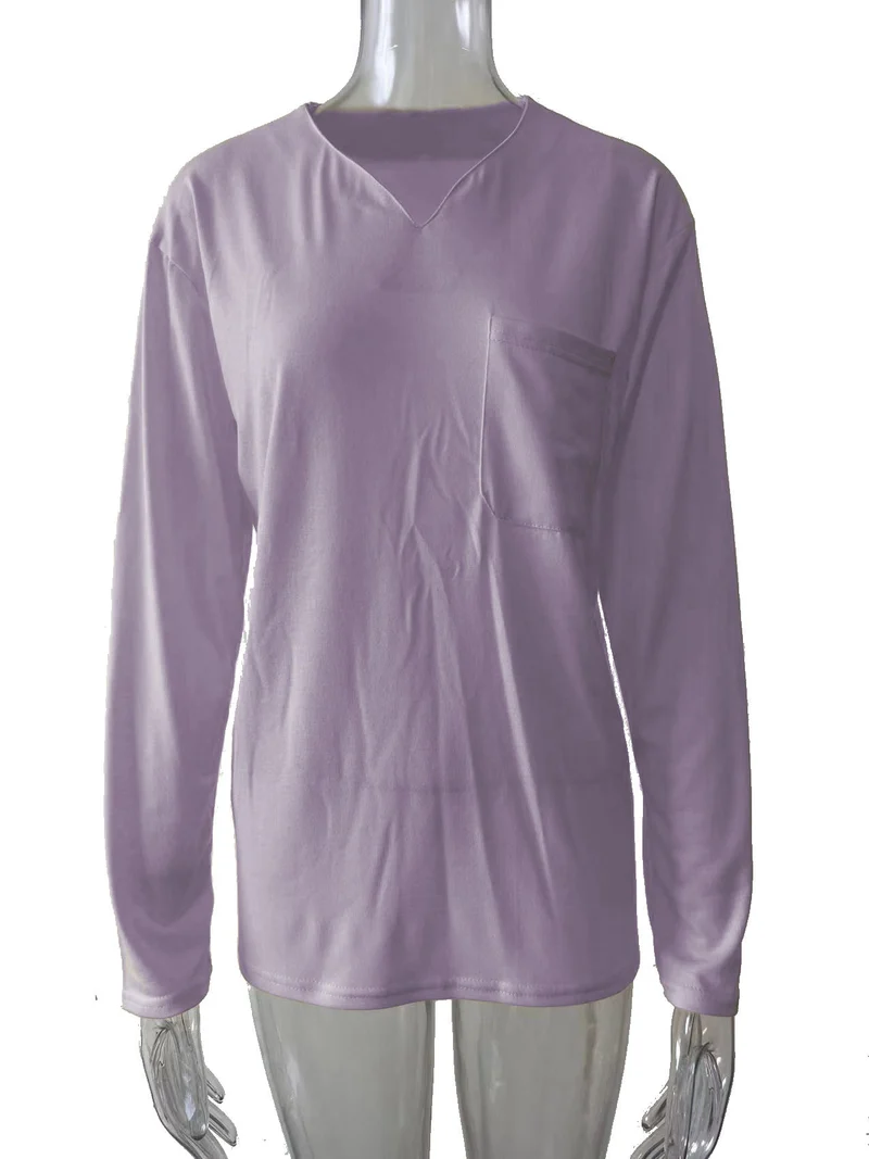 Damen nan legeres Langarmshirt mit V-Notch-Ausschnitt, Brusttasche und lockerer Oversize-Passform Drune