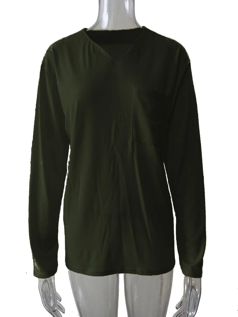 Damen nan legeres Langarmshirt mit V-Notch-Ausschnitt, Brusttasche und lockerer Oversize-Passform Drune