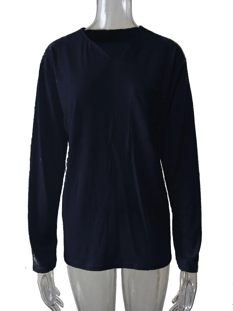 Damen nan legeres Langarmshirt mit V-Notch-Ausschnitt, Brusttasche und lockerer Oversize-Passform Drune